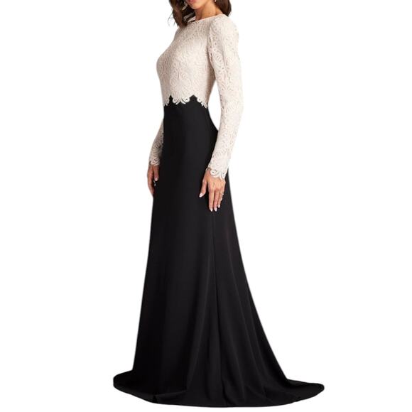 Tadashi Shoji Embroidered Lace Long Evening Gown Black Ivory Size 18 - Picture 2 of 12